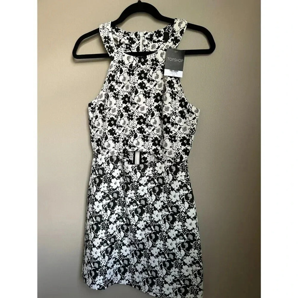 TopShop Mono Black and White Floral Dress, NWT, Size 6, Mini Dress, Cutouts - Picture 6 of 11